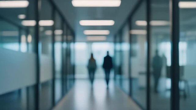 Blurred Business Colleagues Walking Down Modern Office Hallway with Glass Walls and Bright Lights
