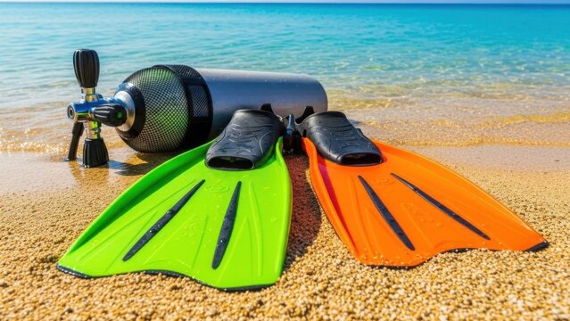 A pair of neon-colored diving fins with scuba equipment on a sandy beach