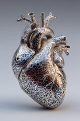 heart of stainless steel on light background, shiny metal in organic style, anatomical, artificial, love, passion, romance, romantic, portrait format, photorealistic