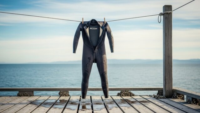 Black Wetsuit Hanging on Clothesline Drying Over Ocean View