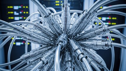 Intricate steel network of tubes and wires within a technological system