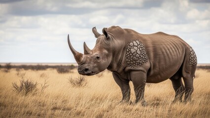 Obraz premium Large Rhinoceros Standing in the African Savanna