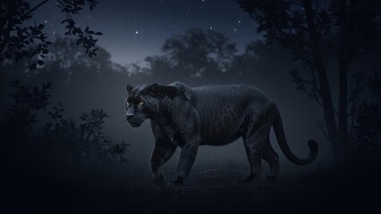 Fototapeta premium Majestic Black Panther Strolling Through a Dark Forest at Night