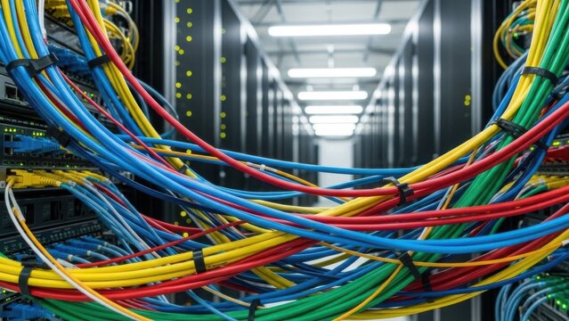 Intricate Network of Cables in a Server Room - Powered by Adobe