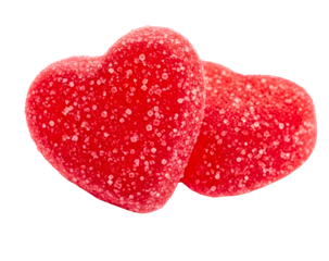 Bright red heart-shaped gummy candies coated in sugar crystals for a sweet treat isolated on transparent background