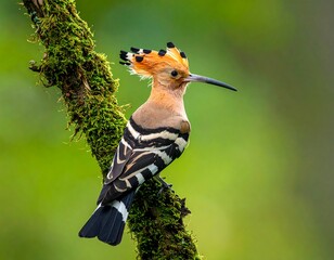 Striking Hoopoe Perched on Mossy Branch - A Detailed Wildlife Portrait.
