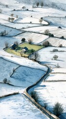 Obraz premium Serene Winter Landscape with Rolling Fields and Houses Captured in Snowy Blue Tones Under a Clear Sky