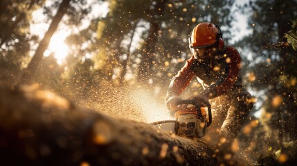 Lumberjack felling tree with chainsaw