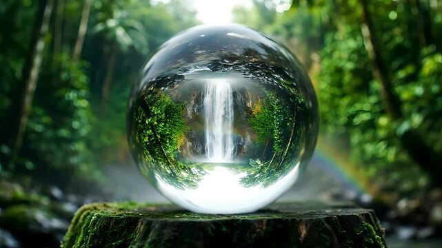 Glass sphere on mossy stump refracts stunning waterfall and lush green forest, creating an inverted natural wonder. Ideal for environmental, travel, relaxation, and mindfulness themes.