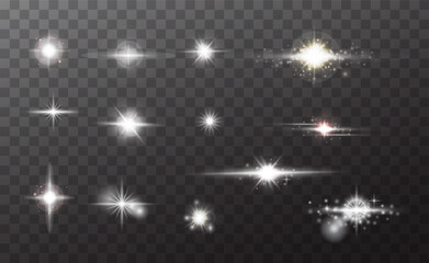 Set of Light effects. Explosions, stars, dust, glowing light, shine, solar flares, sparks sequins Glare radiance effect