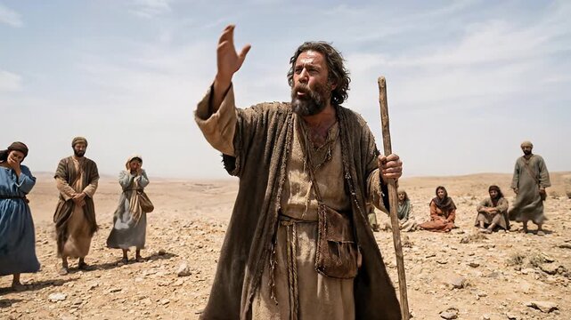 Biblical Prophet John the Baptist or Elijah Preaching with Wooden Staff to Group of People in Dry Desert Wilderness Depicting Call to Repentance and Faith in God

