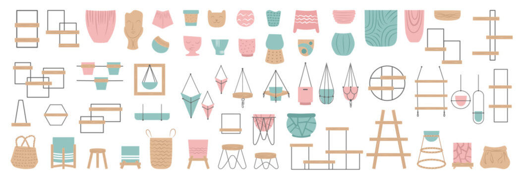 Hand drawn indoor house pots  and shelves decor collection.