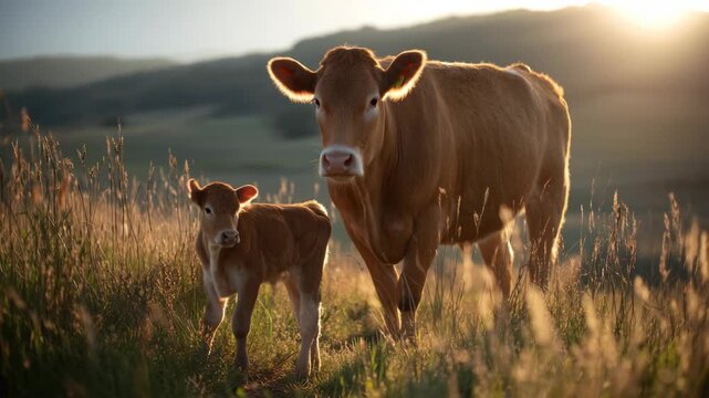 Mother cow and calf standing in sunlit pastoral meadow