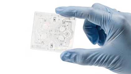 Gloved hand carefully holding a transparent nanofluidic chip highlighting delicate channels used in cuttingedge medical viscosity research.