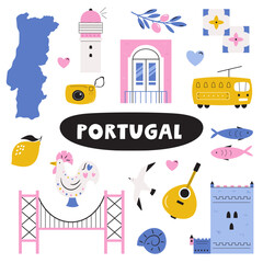 Portugal Colorful Design with Landmarks, Culture and Cute Symbols. Flat Vector Travel Design