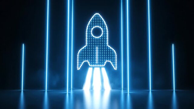 Blue Neon Rocket Icon in Futuristic Neon Showcase.