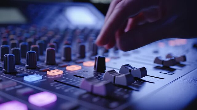 Hand adjusting audio mixer controls