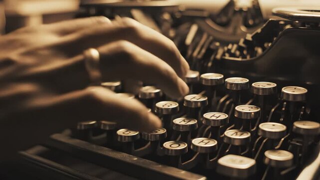 Hands typing on vintage typewriter
