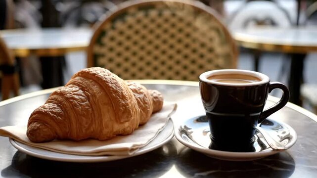 Delicious French croissant and hot espresso coffee served at a charming outdoor cafe table.