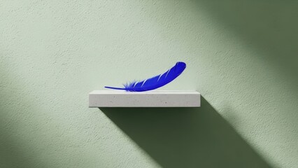 Blue feather rests on minimalist shelf in serene green space