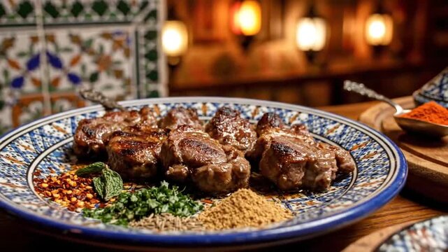 Delicious Lamb Skewers with Spices on a Traditional Plate.