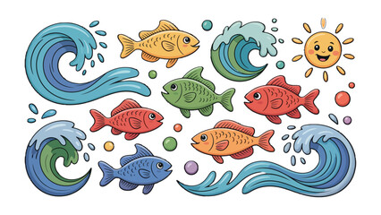 Vibrant Oceanic Illustration: Whimsical aquatic scene featuring cartoon waves, fish, and a smiling sun, creating a lively and engaging underwater environment.