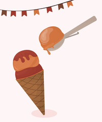 Illustration Ice Cream at Caramel Taste and Ice Cream Scoop