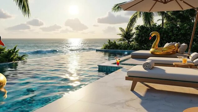 Golden swan pool floats on a serene infinity pool overlooking the ocean with lounge chairs and tropical palm trees