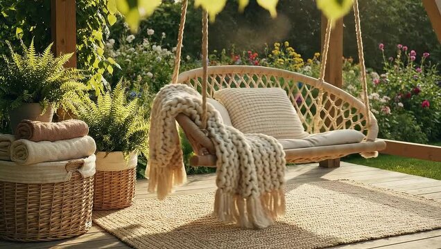Cozy outdoor patio with wicker swing chair and blankets on a sunny day with flowers
