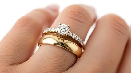 Closeup of hand wearing gold rings with diamond engagement ring