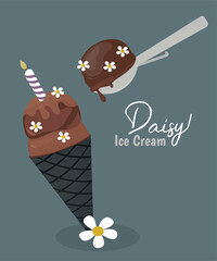  Ice Cream at Chocolate Taste  with Daisy, Candle Decoration and Ice Cream Scoop