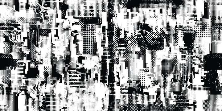 Glitch distorted grungy endless pattern . Cyber punk seamless pattern texture. Textured futuristic background . Glitched shapes with dots and lines .Screen print repeating pattern texture