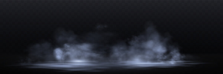 Obraz premium Realistic light blue smoke or haze, overlay effect on a dark background, magic fog, vapor on floor. Abstract vector illustration