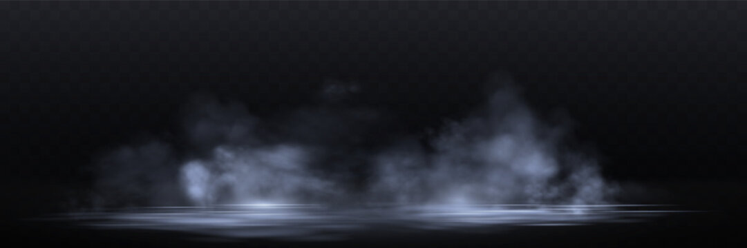 Realistic light blue smoke or haze, overlay effect on a dark background, magic fog, vapor on floor. Abstract vector illustration
