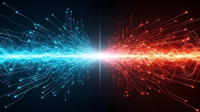 Abstract blue and red circuit board collision. Artificial intelligence and data processing power. Digital electricity streams meeting in a central light burst on a black background