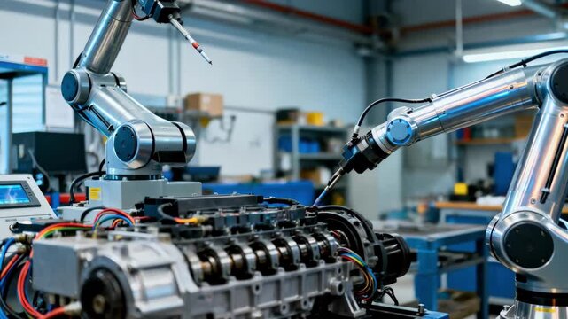 Medium shot of an agile maintenance robot using advanced manipulator arms to perform diagnostics and tune machinery systems efficiently