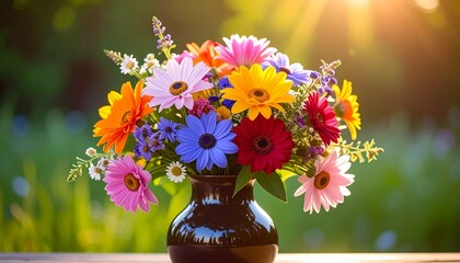Multicolored Daisy Bouquet in Glossy Black Vase Outdoors with Sunlit Greenery Highlighting Floral Joy and Natural Elegance