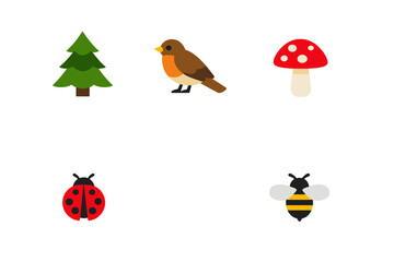 Cute cartoon nature icons: tree, bird, mushroom, ladybug, bee