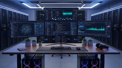 Advanced Technology Command Center with Multiple Monitors and Server Racks.