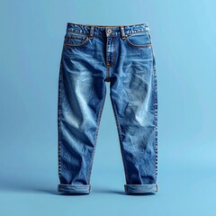 Stylish Blue Denim Jeans on Light Blue Background - A Fashionable Wardrobe Staple.