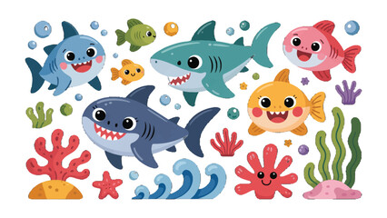 Smiling Sharks and Marine life: Cheerful, cartoon sharks swim amidst a vibrant seascape, accompanied by various sea creatures and plant life. © Hasib