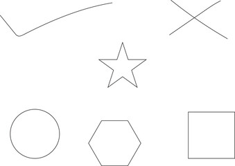 Minimal geometric shapes vector set including star, circle, square, hexagon, cross, and abstract curved line in black outline.