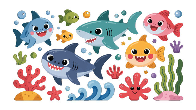 Smiling Sharks and Marine life: Cheerful, cartoon sharks swim amidst a vibrant seascape, accompanied by various sea creatures and plant life.