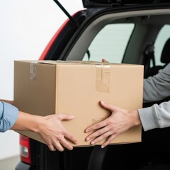Housing moving checklist concept. Hands exchanging a cardboard box from a car trunk in a delivery scenario.