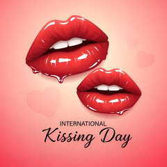 International Kissing Day Lips Illustration with Red Glossy Lips and Hearts