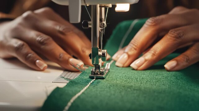 Hands sewing green fabric with machine