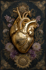 heart of gold on ornament background, shiny metal on old pattern, anatomical, organic, love, passion, romance, romantic, luxury, portrait format, photorealistic
