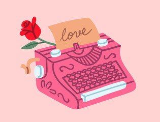 Flat style illustration of pink vintage typewriter with red rose, green leaf, and love paper note, perfect for Valentine s Day cards, romantic writing posters, and nostalgic stationery designs.