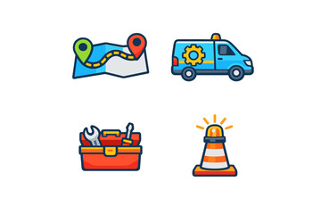 Naklejka premium Service and Support Icons: Map, Van, Toolbox, and Cone