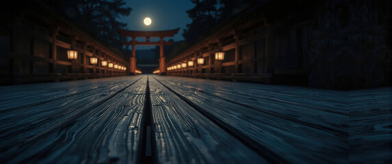 Traditional Japanese torii gate illuminated at night with wooden pathway and glowing lanterns under a full moon